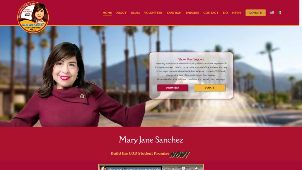 A woman with dark hair and a burgundy top stands smiling with arms open in front of palm trees and a mountain. The website header reads “Mary Jane Sanchez,” featuring Political Campaign Website Design Services and buttons for volunteer, donate, and more.