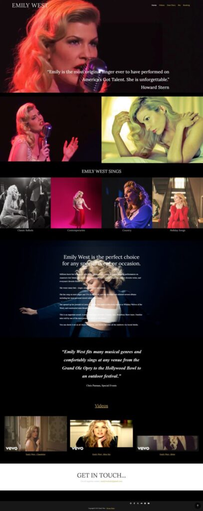 Website homepage for singer Emily West featuring images of her performing, a testimonial, photo gallery, music video links, and a contact section, with a dark background and gold-accented text.