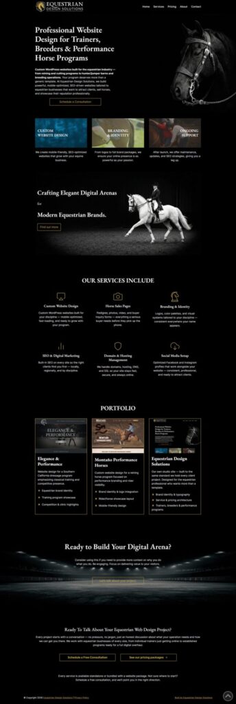 Equestrian Design Solutions homepage design featuring gold and black equestrian branding